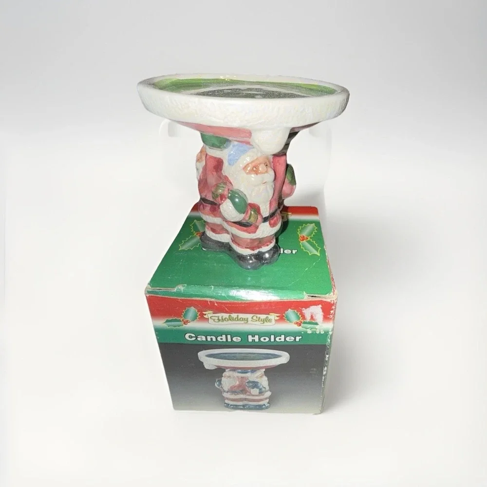 Holiday Style Ceramic Santa Claus Candle Holder Iridescent Green Basin with Box